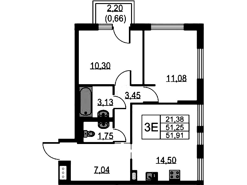 2-комнатная квартира 51.91 м², 12/18 эт., ЖК «Невская Долина»